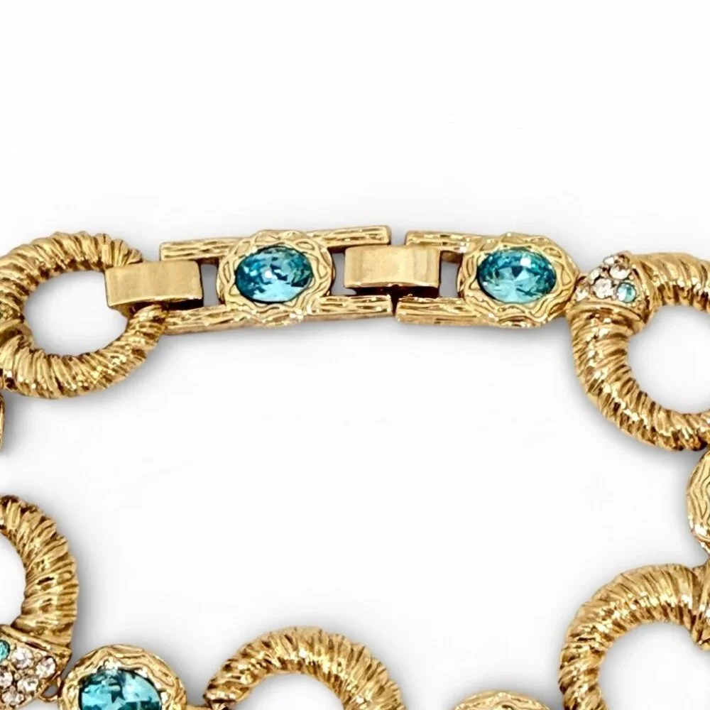 Vntg. Princess Grace Collection Gold Tone Bracelet w/Aqua Crystals & Rhinestones - Picture 6 of 15